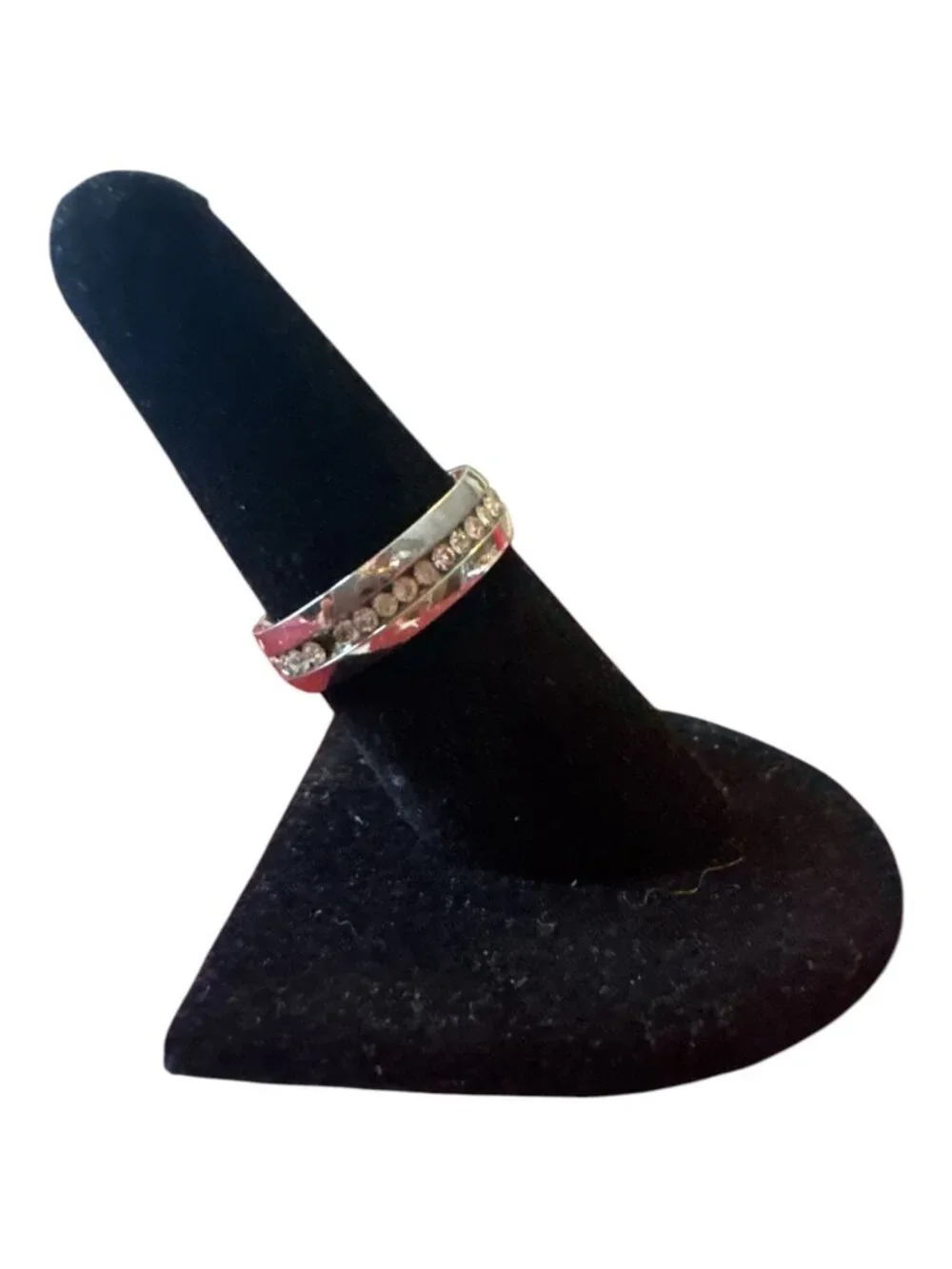 Silver-Tone Band Ring With Clear Rhinestones & Textured Red Accents